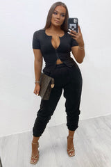 Black Ribbed Short Sleeve Double Zip Top - Lara-Tops