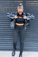 Black Ribbed Side Split Leggings - Enzie-Leggings