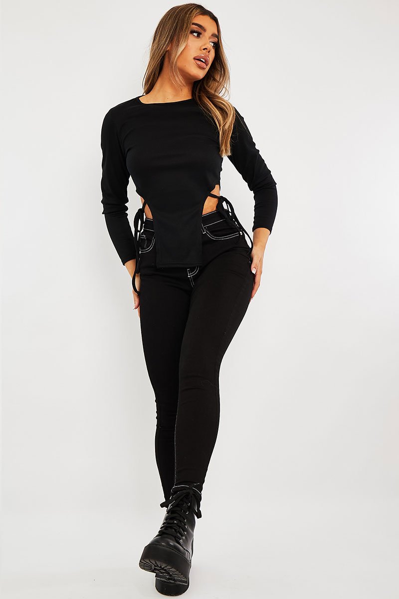 Black Ribbed Side Tie Top - Bibi-Tops