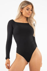 Black Ribbed Square Neck Bodysuit - Alysha-Bodysuits