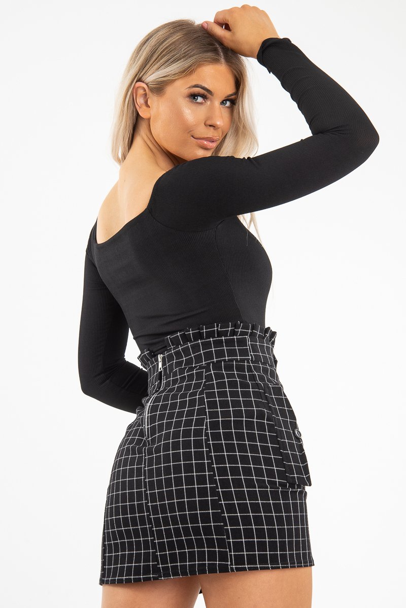 Black Ribbed Square Neck Bodysuit - Alysha-Bodysuits