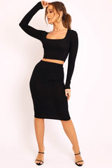 Black Ribbed Square Neck Top and Midi Skirt Co-ord - Tiera-Co-ords