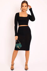 Black Ribbed Square Neck Top and Midi Skirt Co-ord - Tiera-Co-ords