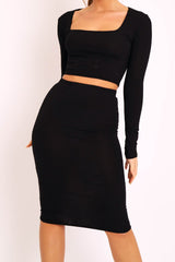 Black Ribbed Square Neck Top and Midi Skirt Co-ord - Tiera-Co-ords