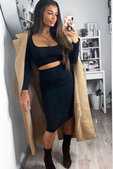 Black Ribbed Square Neck Top and Midi Skirt Co-ord - Tiera-Co-ords