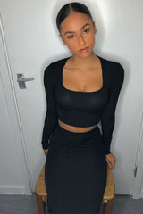 Black Ribbed Square Neck Top and Midi Skirt Co-ord - Tiera-Co-ords