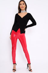 Black Ribbed Thin Knit Wrap Top - Jordi-Tops