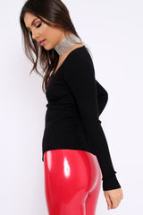 Black Ribbed Thin Knit Wrap Top - Jordi-Tops