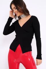 Black Ribbed Thin Knit Wrap Top - Jordi-Tops