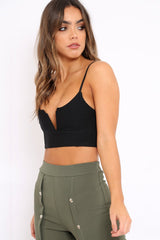 Black Ribbed V Cut Crop Top - Cordelia-Crop Tops