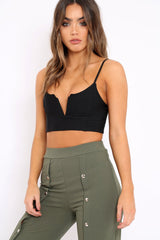 Black Ribbed V Cut Crop Top - Cordelia-Crop Tops