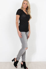 Black Ribbed V Neck Top - Yvette-Tops