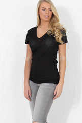 Black Ribbed V Neck Top - Yvette-Tops