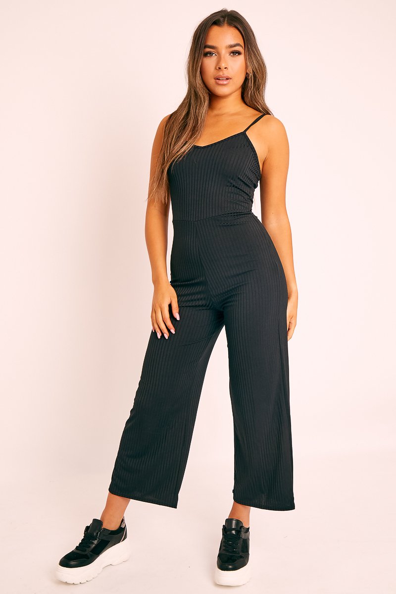 Black Ribbed Wide Leg Jumpsuit - Elpha-Jumpsuits
