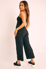 Black Ribbed Wide Leg Jumpsuit - Elpha-Jumpsuits