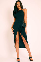 Black Ribbed Wrap Front Tie Detail Midi Dress - Praise-Dresses