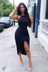 Black Ribbed Wrap Front Tie Detail Midi Dress - Praise-Dresses