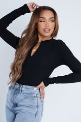 Black Ribbed Zip Front Long Sleeve Bodysuit - Susanne-Bodysuits