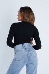 Black Ribbed Zip Front Long Sleeve Bodysuit - Susanne-Bodysuits