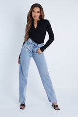 Black Ribbed Zip Front Long Sleeve Bodysuit - Susanne-Bodysuits