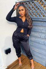 Black Ribbed Zip Front Top - Jamoni-Tops