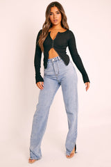 Black Ribbed Zip Front Top - Jamoni-Tops