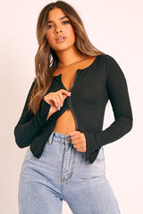 Black Ribbed Zip Front Top - Jamoni-Tops