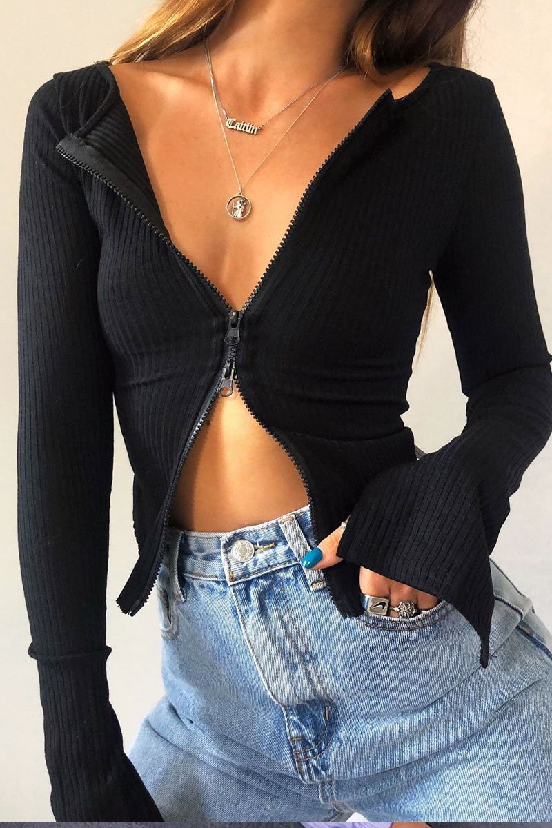 Black Ribbed Zip Front Top - Jamoni-Tops