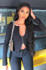 Black Ribbed Zip Front Top - Jamoni-Tops