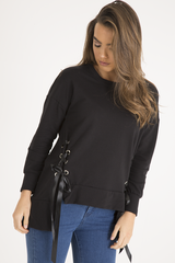 Black Ribbon Lace Up Dipped Hem Jumper - Wilma-Jumper