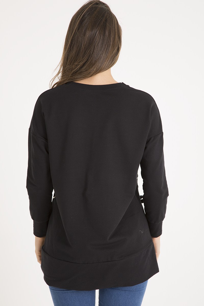 Black Ribbon Lace Up Dipped Hem Jumper - Wilma-Jumper