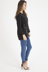 Black Ribbon Lace Up Dipped Hem Jumper - Wilma-Jumper