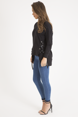 Black Ribbon Lace Up Dipped Hem Jumper - Wilma-Jumper