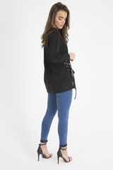 Black Ribbon Lace Up Dipped Hem Jumper - Wilma-Jumper