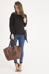 Black Ribbon Lace Up Dipped Hem Jumper - Wilma-Jumper