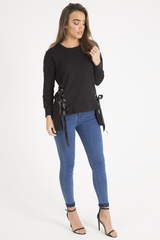 Black Ribbon Lace Up Dipped Hem Jumper - Wilma-Jumper