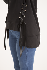 Black Ribbon Lace Up Dipped Hem Jumper - Wilma-Jumper