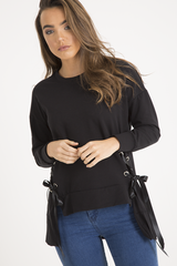 Black Ribbon Lace Up Dipped Hem Jumper - Wilma-Jumper