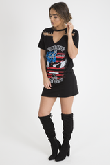 Black 'Riding In California' Graphic Print Cut Out Pin Detail T-Shirt Dress - Harper-Dresses