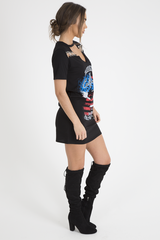 Black 'Riding In California' Graphic Print Cut Out Pin Detail T-Shirt Dress - Harper-Dresses
