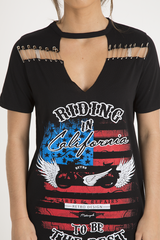 Black 'Riding In California' Graphic Print Cut Out Pin Detail T-Shirt Dress - Harper-Dresses