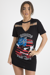 Black 'Riding In California' Graphic Print Cut Out Pin Detail T-Shirt Dress - Harper-Dresses