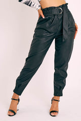 Black Ring Belt Straight Leg PU Trousers - Jazmine-Trousers