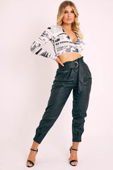 Black Ring Belt Straight Leg PU Trousers - Jazmine-Trousers