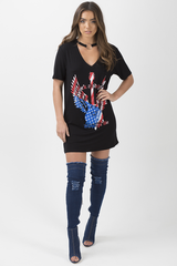 Black Ring Choker 'Rock & Roll' T-Shirt Dress - Betty-Dresses