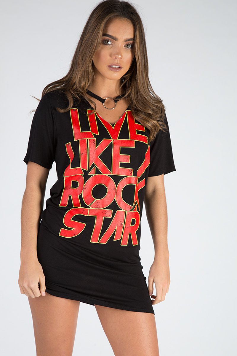Black Ring Choker Rockstar Slogan T Shirt Dress - Liana-Dresses
