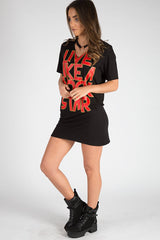 Black Ring Choker Rockstar Slogan T Shirt Dress - Liana-Dresses