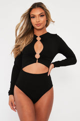 Black Ring Detail Cut Out Long Sleeve Bodysuit - Elissa-Bodysuits