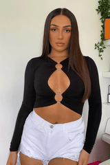 Black Ring Detail Cut Out Long Sleeve Bodysuit - Elissa-Bodysuits