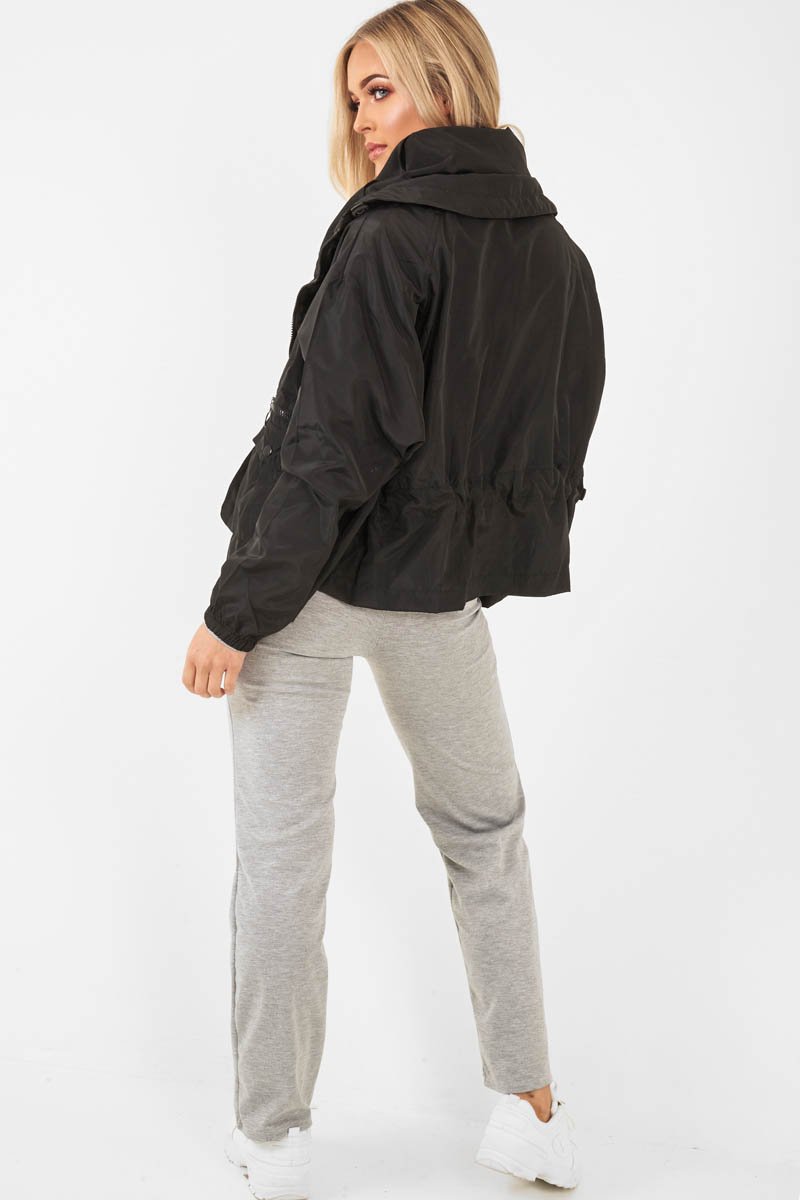 Black Ring Pull Zip Front Windbreaker Jacket - Tesla-Jackets